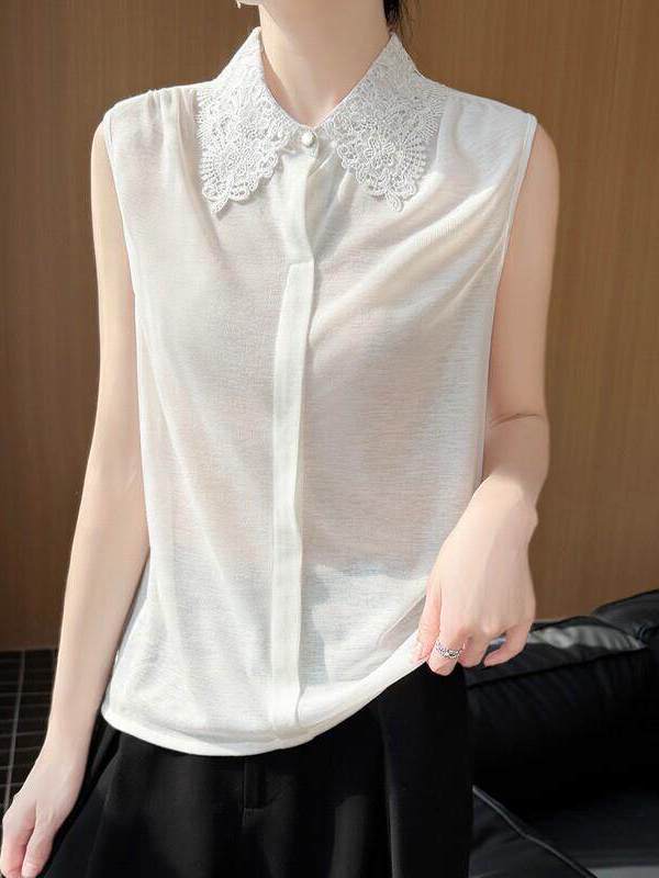 レーストリムノースリーブニットシャツ レディース 無地ベスト - Women Formal Wear Vest のレビューと価格