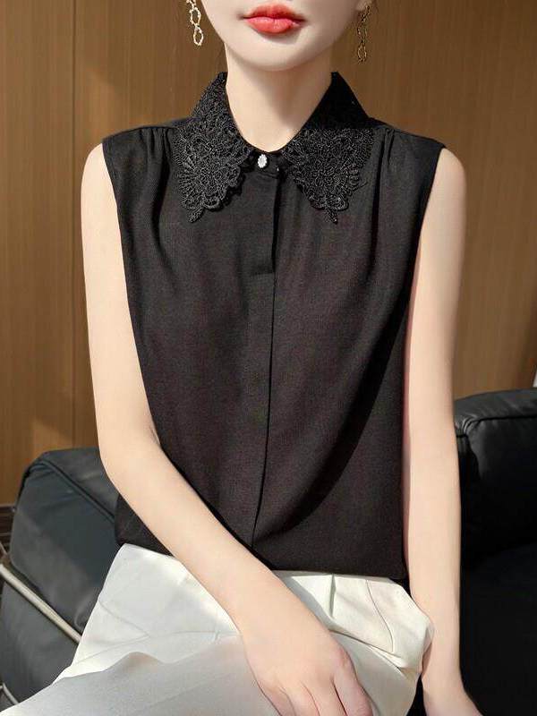 レーストリムノースリーブニットシャツ レディース 無地ベスト - Women Formal Wear Vest のレビューと価格