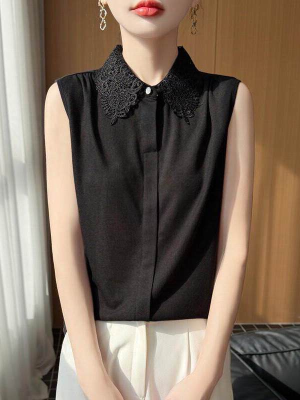 レーストリムノースリーブニットシャツ レディース 無地ベスト - Women Formal Wear Vest のレビューと価格