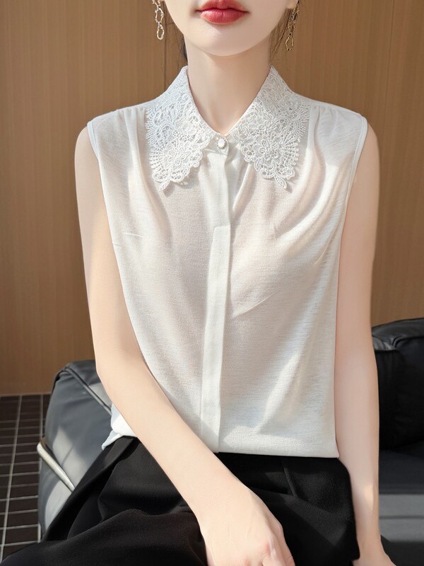 レーストリムノースリーブニットシャツ レディース 無地ベスト - Women Formal Wear Vest のレビューと価格