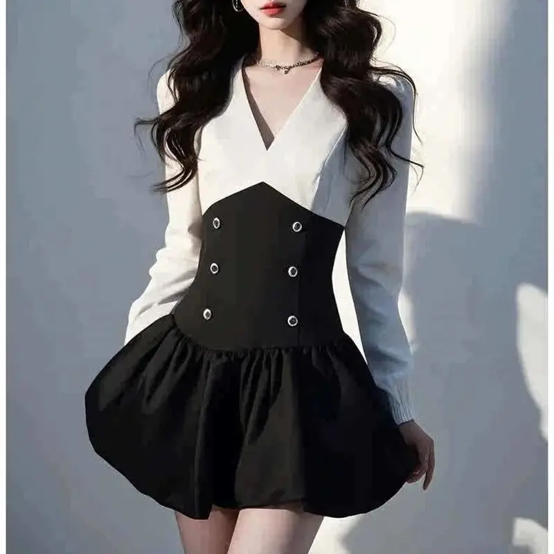 2025 春の新エレガントな女性 V ネック長袖パッチワーク - Women Formal Wear Dress のレビューと価格