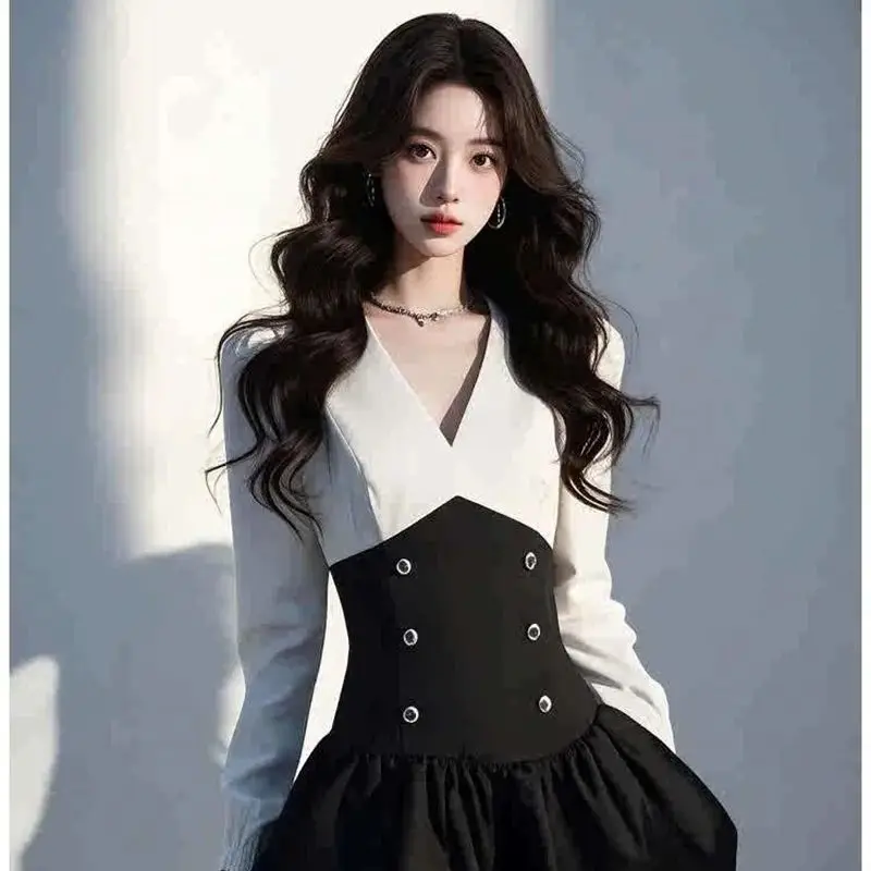 2025 春の新エレガントな女性 V ネック長袖パッチワーク - Women Formal Wear Dress のレビューと価格